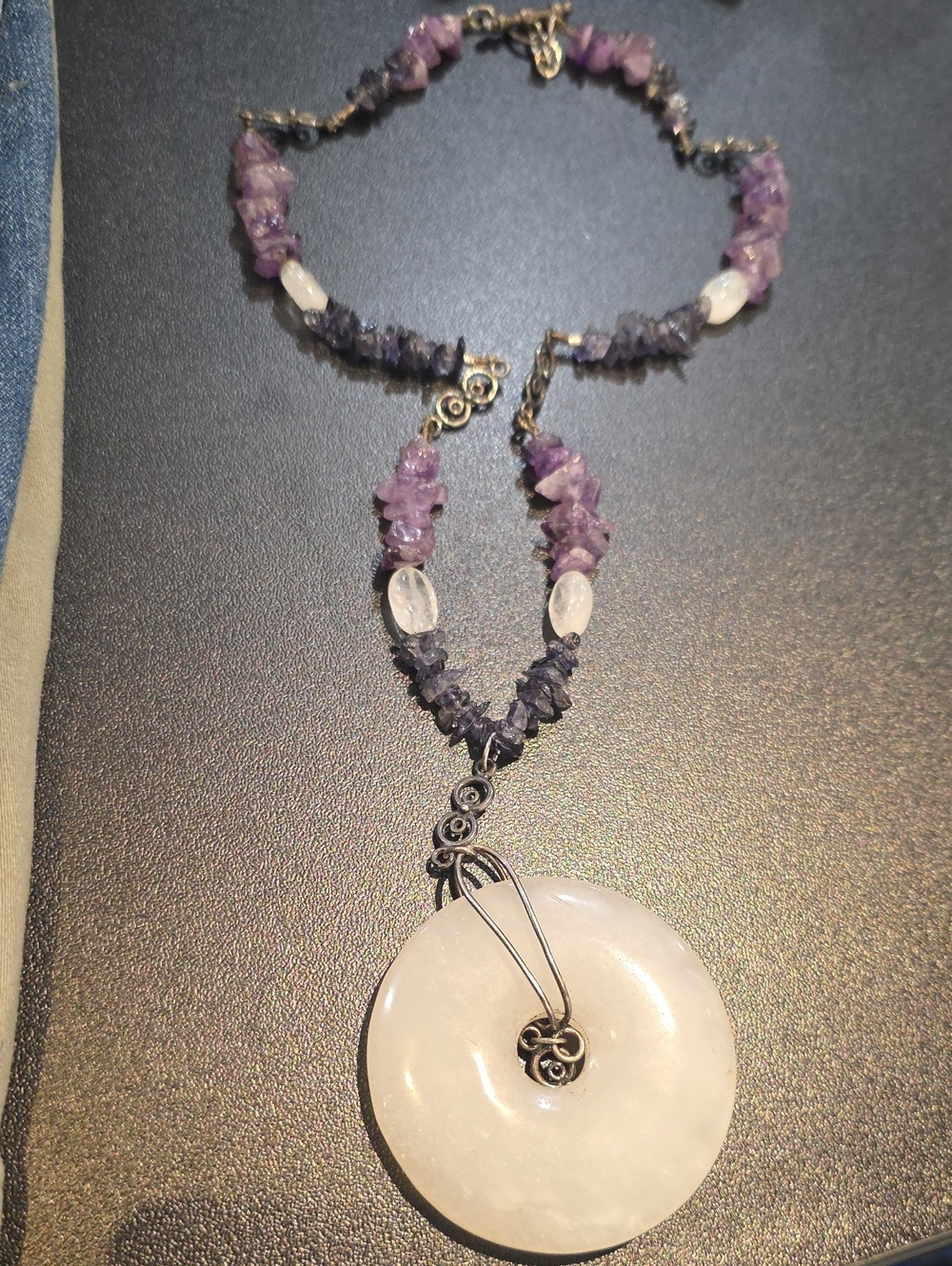 Amethyst and Rose Quartz Statement Necklace with White Jade Pendant